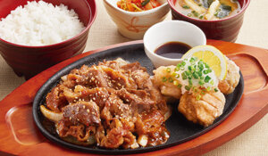 ジョイフル_牛焼肉とおろし唐揚げ定食_画像